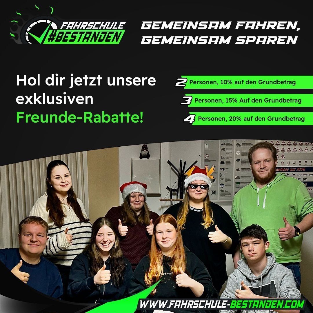 Flyer zum Freundesrabatt: zu zweit 10 %, zu dritt 15 %, zu viert 20 % auf den Grundbetrag